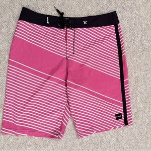 Hurley Men’s Pink and White Stripe Boardshorts with Black Waistband